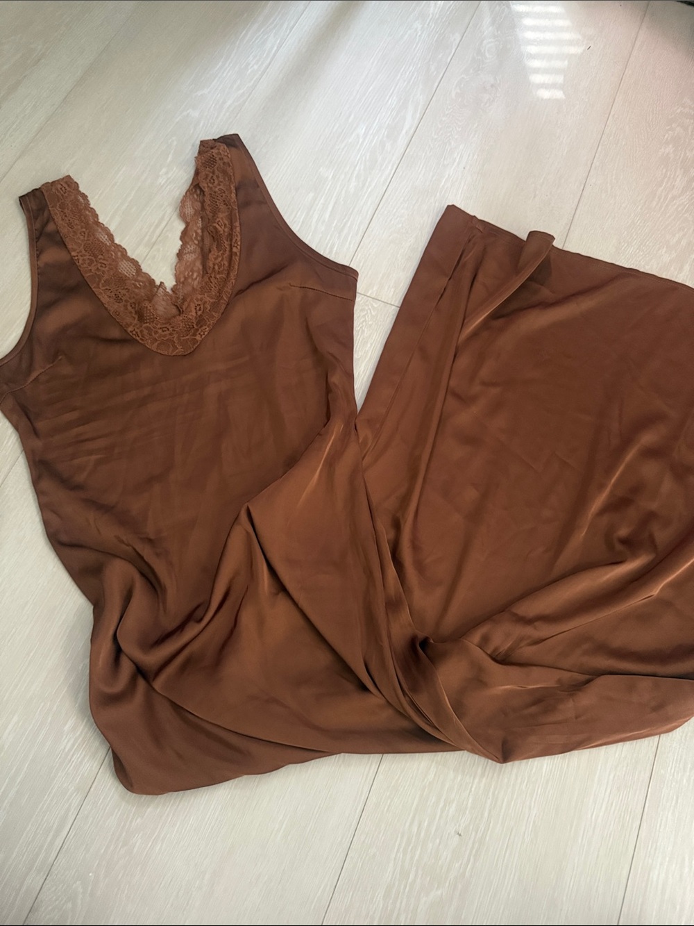 Lioness Copper-Brown Satin Lace-Trim Maxi Slip Dress - Picture 6 of 10